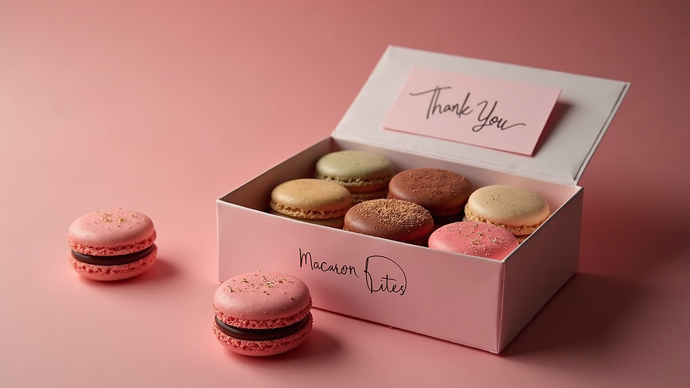 High angle view of a Macaron Bites® gift box with assorted macarons and a thank you card