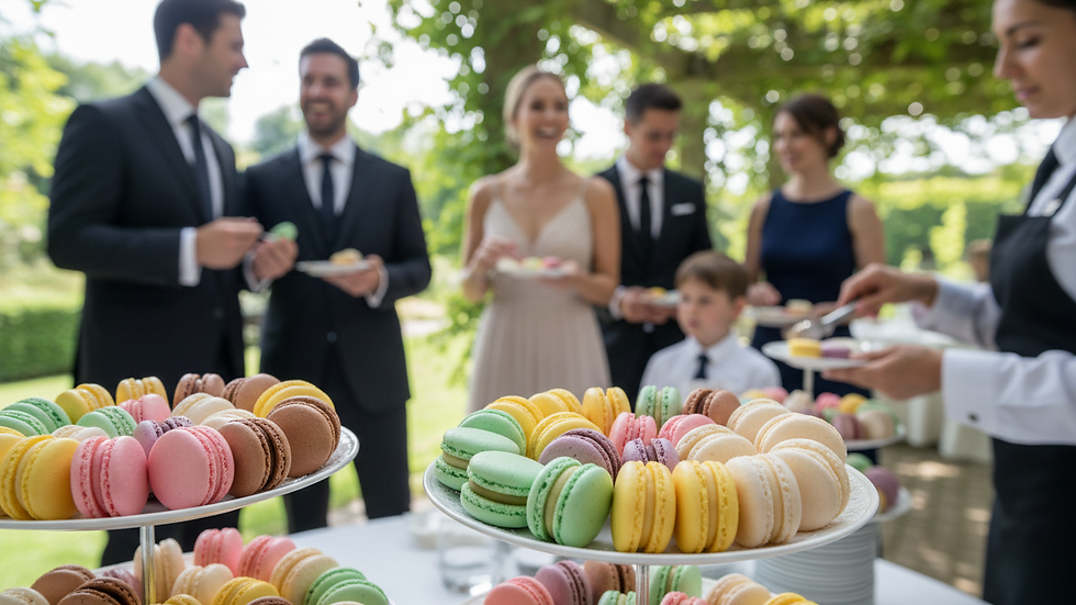Close-up view of colorful French macarons arranged in rows