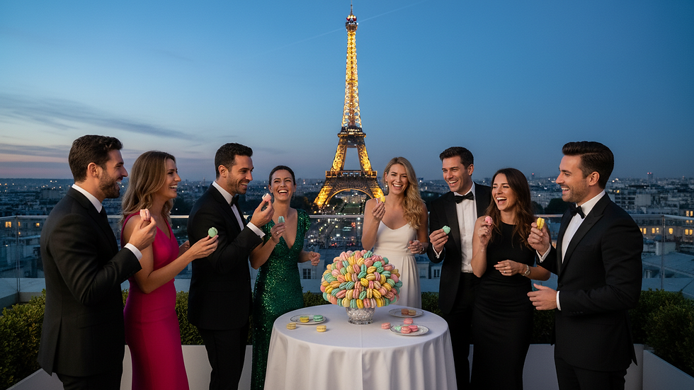Eye-level view of a macaron bouquet with pastel colors