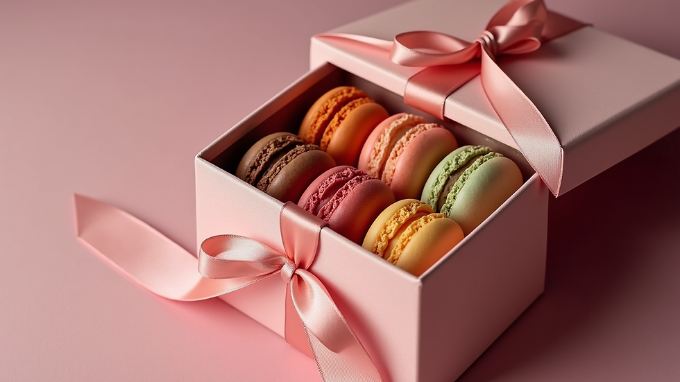 High angle view of assorted macarons in a luxury gift box with ribbon