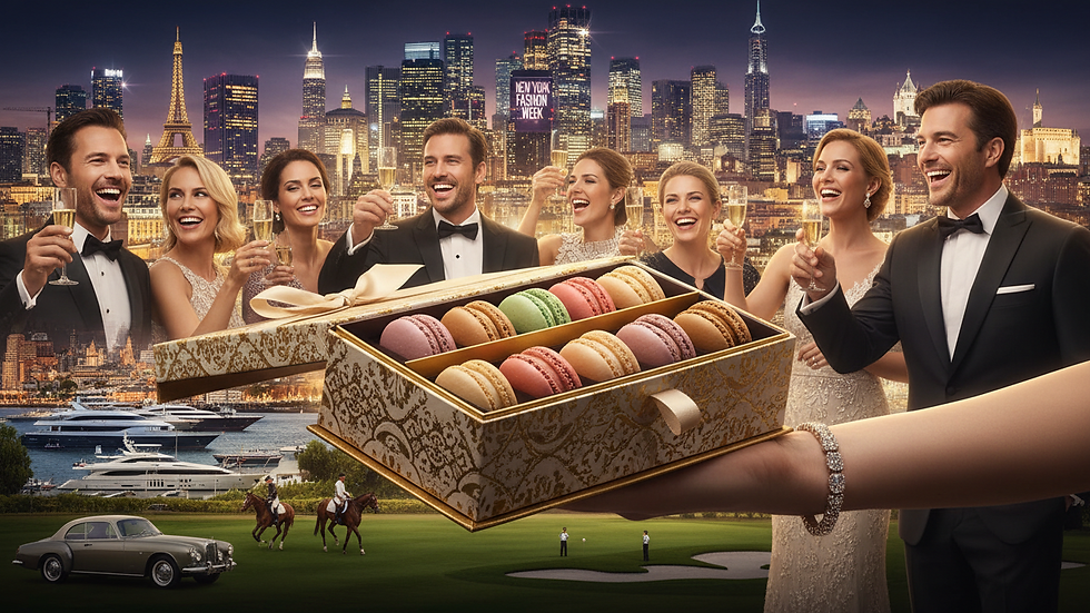 Close-up view of colorful gourmet macarons arranged in a gift box