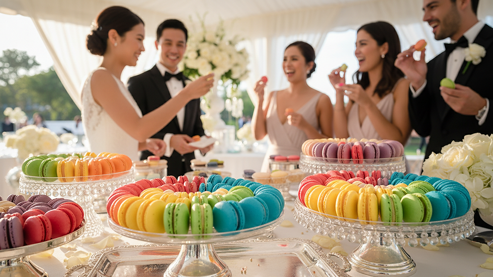 Close-up view of colorful macarons arranged in neat rows