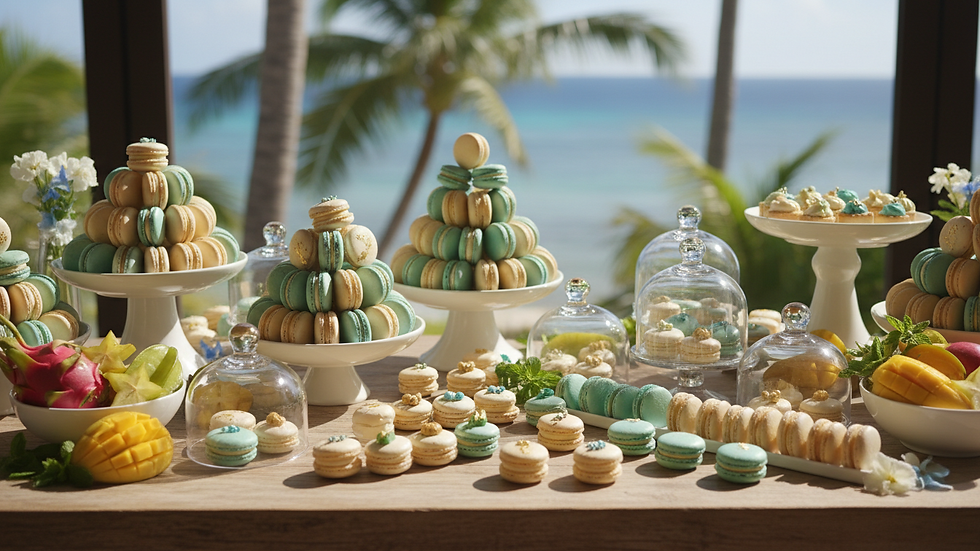 High angle view of a luxury dessert table featuring gourmet macarons