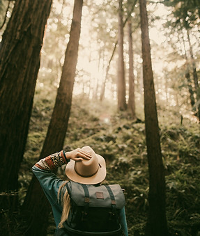 woman in forest wearing backpack and hat looking up at trees