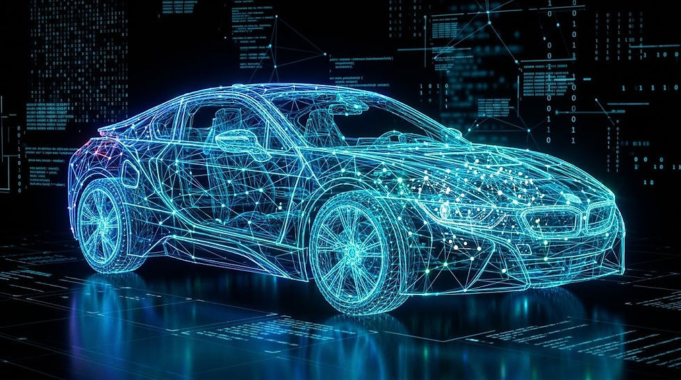 Automóvil renderizado en malla de datos que representa la estructuración técnica de inventarios automotrices mediante Generative Engine Optimization.