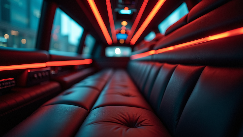 Close-up view of a luxury limousine interior with leather seats and ambient lighting