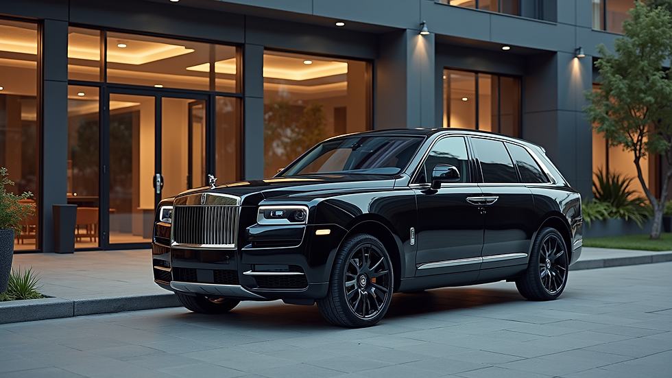 High angle view of a luxury black SUV parked outside a modern building
