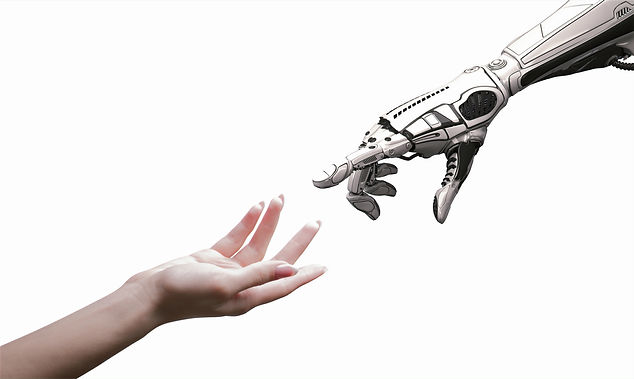 Female human hand and robot's as a symbol of connection between people and artificial inte