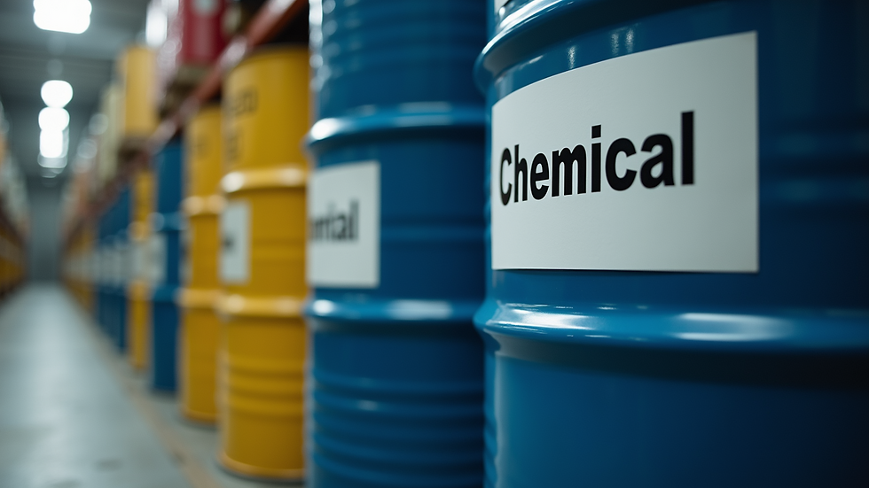 Close-up view of chemical drums labeled for industrial use