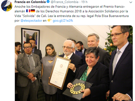 SOLIVIDA ganadora del Premio Franco- Alemán de Derechos Humanos 
"Antonio Nariño - 2018."