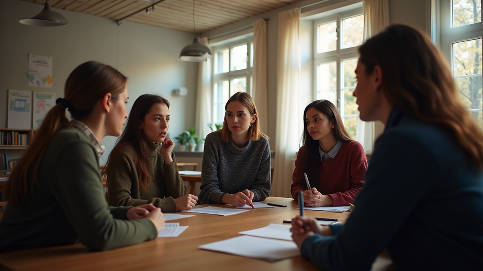 Eye-level view of a cozy workshop space with participants engaged in a discussion