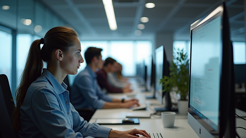 Vista aérea de oficina moderna con empleados trabajando en computadoras