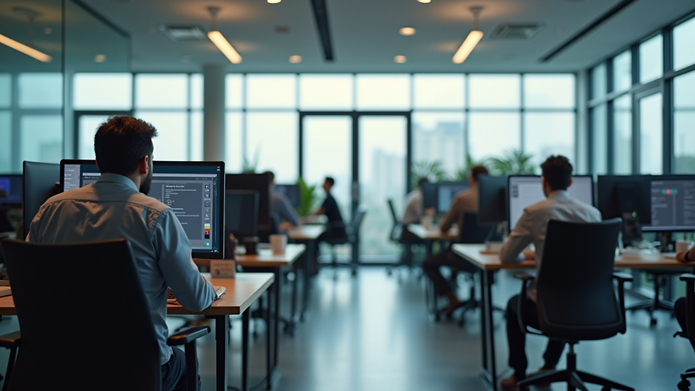 Vista aérea de oficina moderna con empleados trabajando en computadoras
