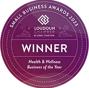Loudoun Chamber Small Business Award – "A round purple badge with 'Small Business Awards 2023' at the top and 'Loudoun Chamber' logo in the center. The text reads 'WINNER' with the category 'Health & Wellness Business of the Year' in white on a deep purple background.