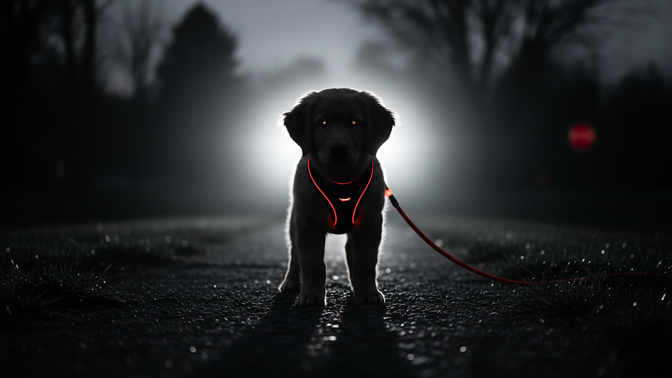 Close-up view of puppy wearing a harness and leash during outdoor training