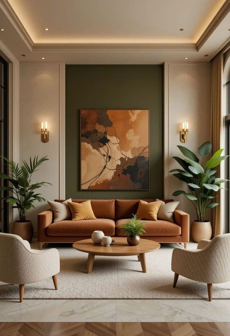 Stylish living room with a brown sofa, patterned pillows, and plants. Abstract art on a green wall, beige armchairs, and a round table.