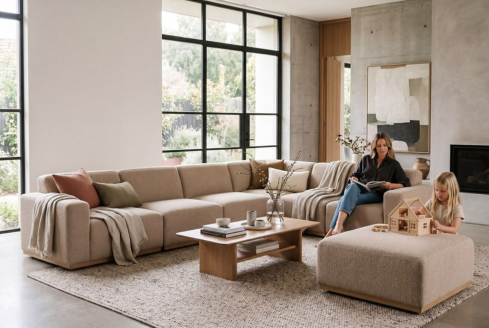 Mother reading on a beige sofa while a young girl plays with a wooden dollhouse in a bright modern living room with large windows