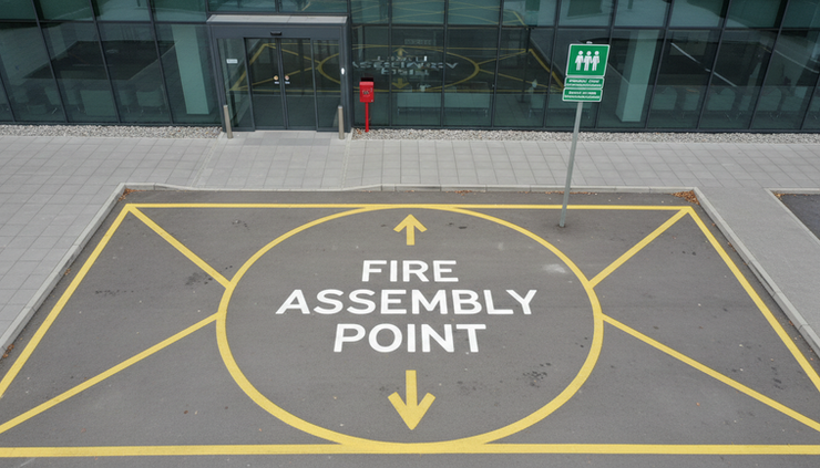 High-angle view of a marked external assembly area beside a building entrance.