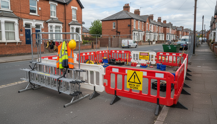 Wide-angle view of a construction work area with barriers, warning signs, ladders stored safely, and PPE equipment.