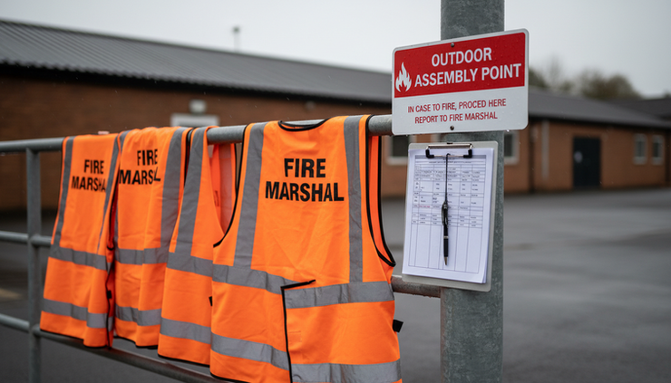Eye-level view of high-visibility vests and a clipboard at an outdoor assembly point.