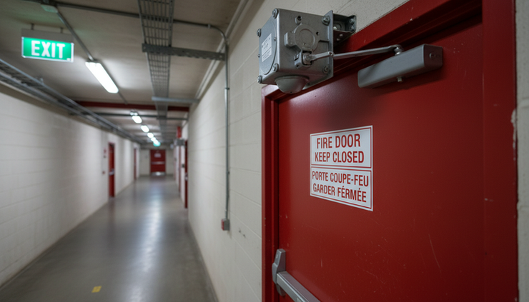 Close-up view of a fire door with a clear keep closed sign and an unobstructed corridor.
