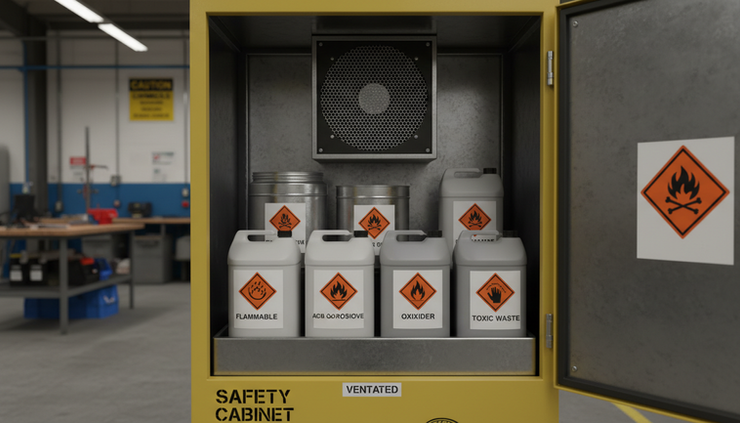 Eye-level view of labelled chemical containers stored in a ventilated safety cabinet.