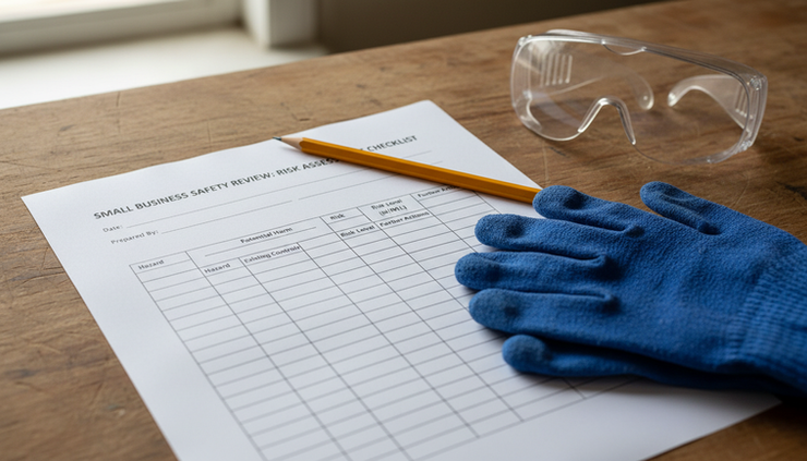 Close-up of a printed risk checklist beside safety goggles on a wooden bench