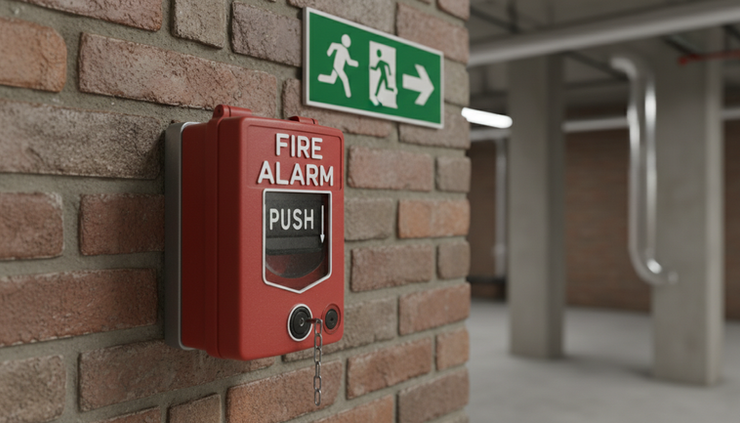 Close-up of a red manual fire alarm call point beside a marked escape route sign.