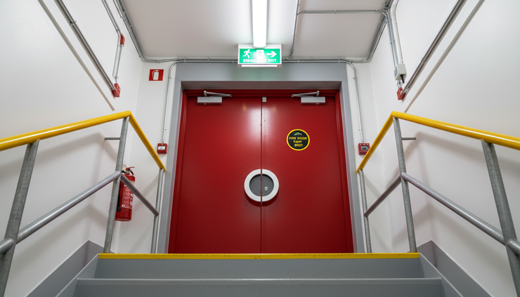 Low-angle view of illuminated emergency exit signage above a closed fire door.