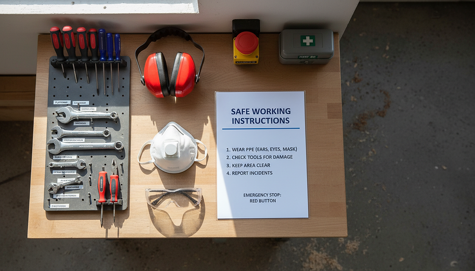 Wide-angle view of a workshop floor with safety signs and marked walkways.