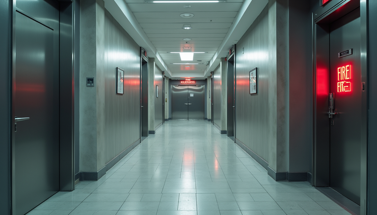 Eye-level view of a modern high-rise residential building with visible fire safety features