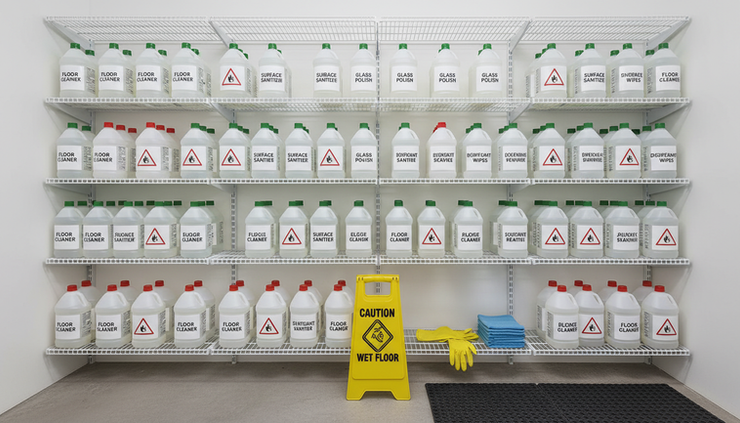 Wide-angle view of a tidy storage area with labelled cleaning products and warning signs
