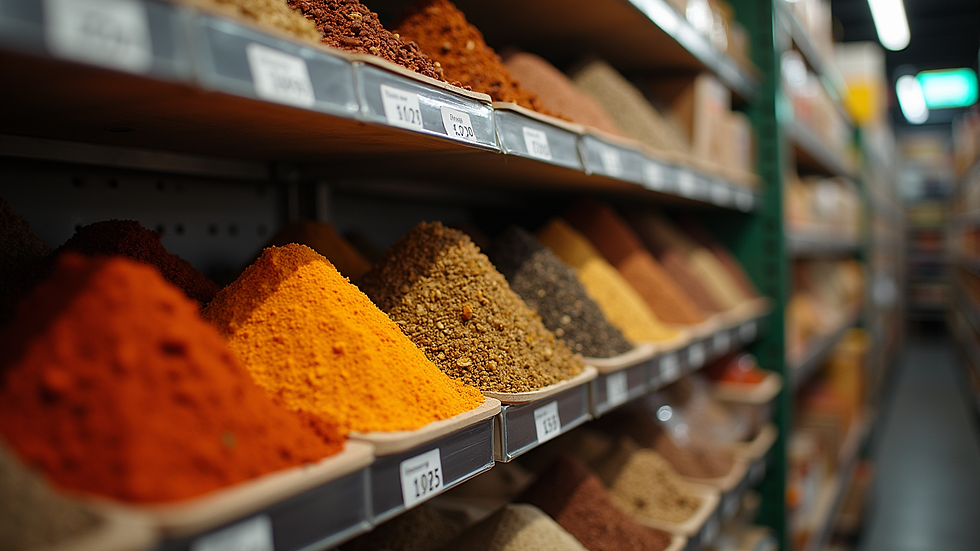 Eye-level view of Indian grocery store shelves filled with spices