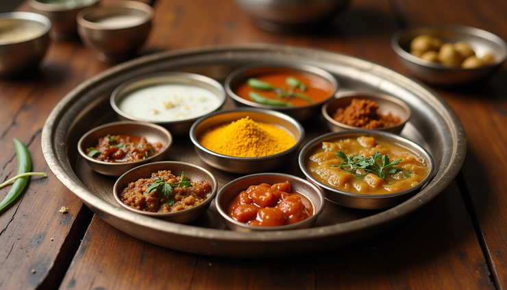High angle view of a traditional Indian thali with various dishes and spices