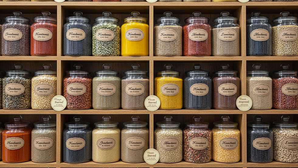 Eye-level view of shelves stocked with Indian spices and lentils