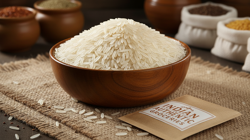 Close-up view of long, slender basmati rice grains in a bowl