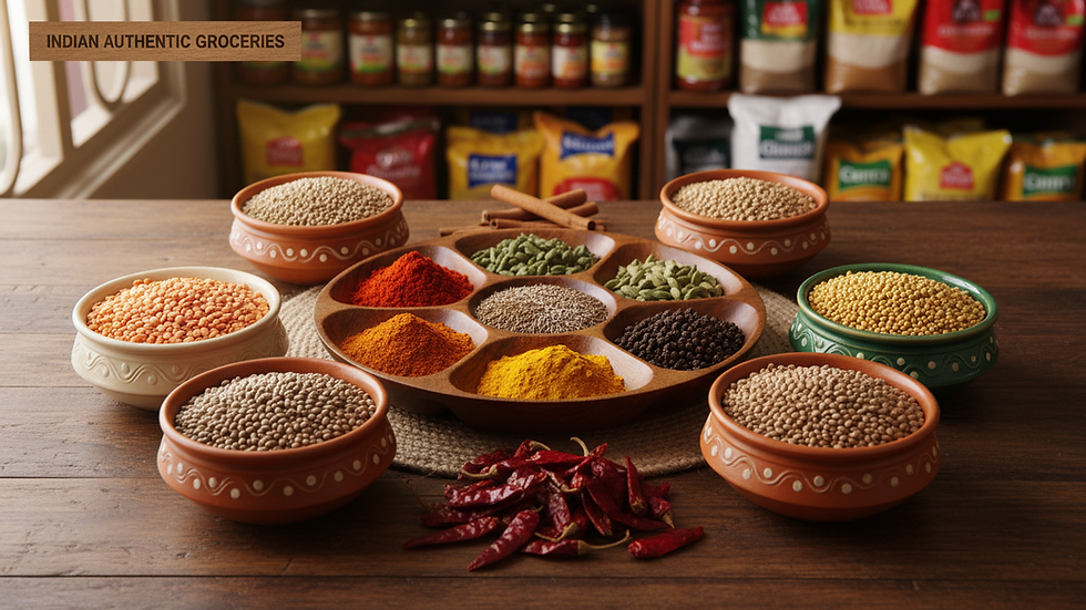Eye-level view of Indian spices and lentils in bowls on a wooden table