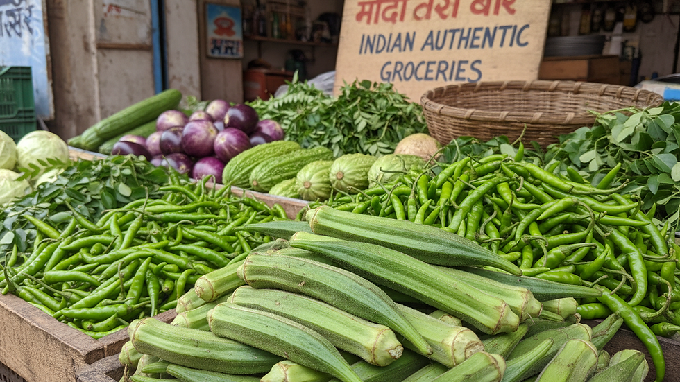 Close-up view of fresh Indian vegetables like okra and green chilies in a market