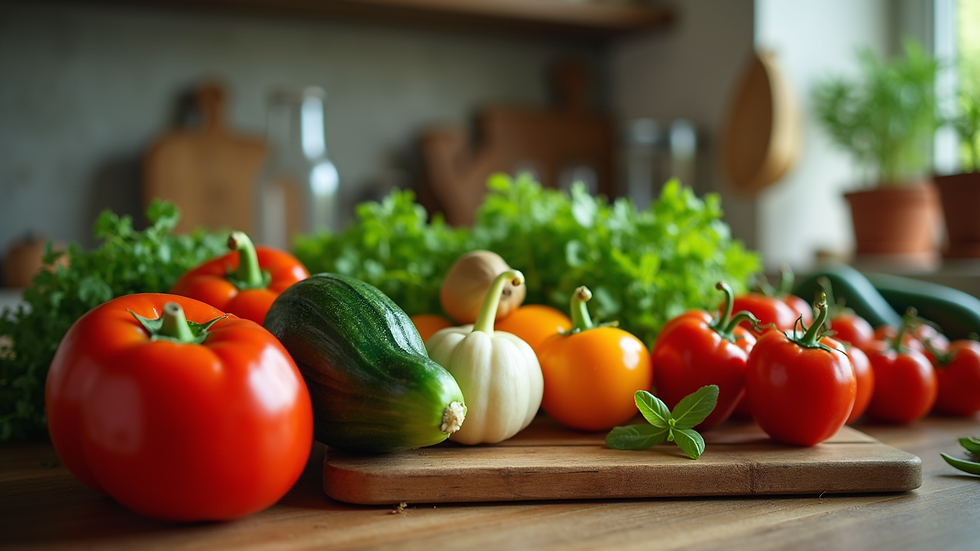 Close-up view of fresh Indian vegetables arranged on a kitchen counter
