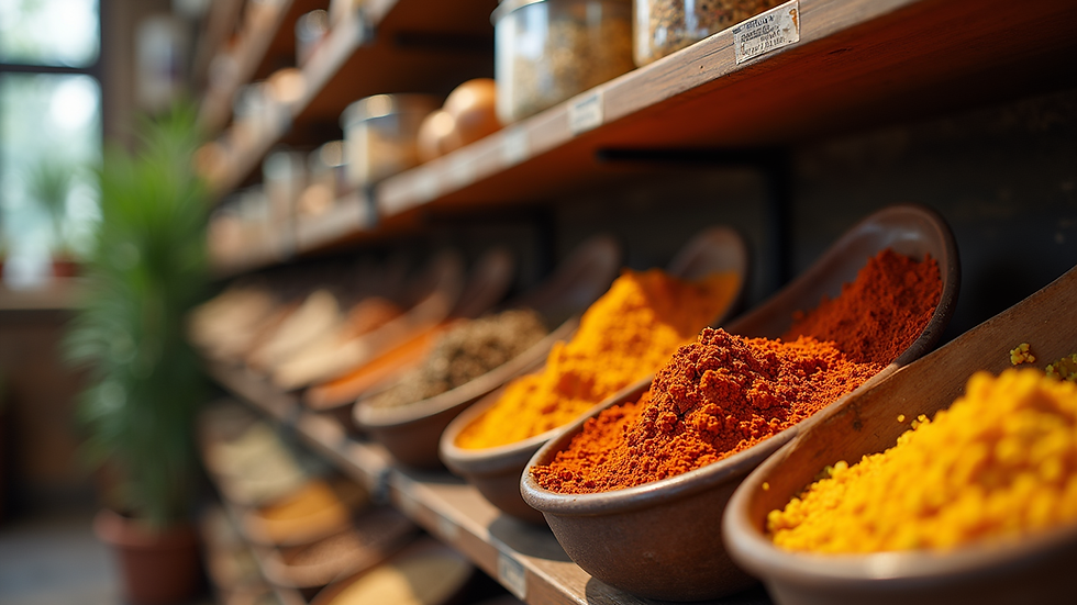 Eye-level view of a shelf filled with Indian spices and groceries