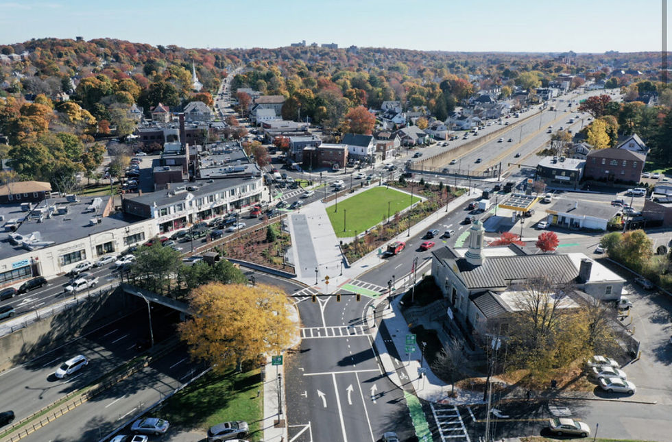 Panoramic view of Milton MA landscape East Milton Square in the distance on a sunny day