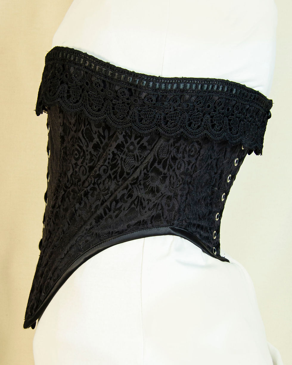 Thumbnail: Black Brocade Corset, Mid-Bust, Lace-Up Front and Back