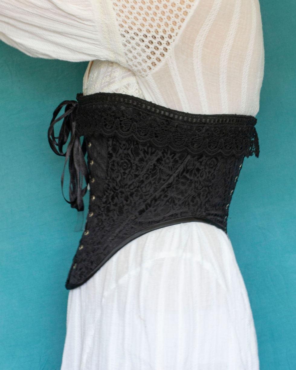 Thumbnail: Black Brocade Corset, Mid-Bust, Lace-Up Front and Back