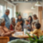 A realistic, high-resolution background photo of a diverse group of people interacting in