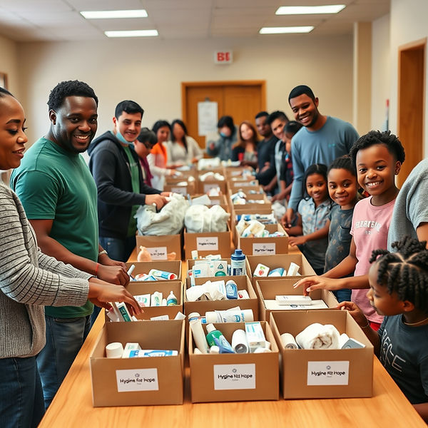 A realistic, high-resolution photo of a diverse group of volunteers—Black, White, Hispanic