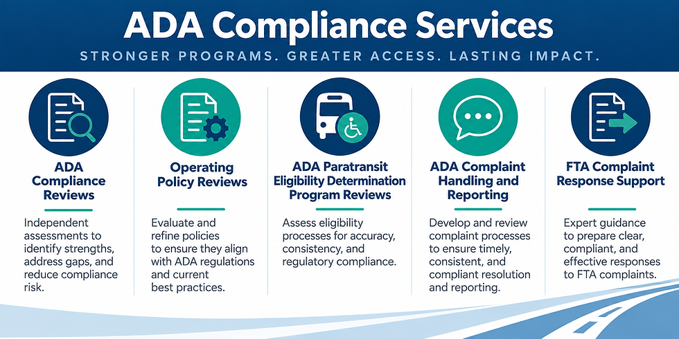 This is a description of additional ADA Guru services, which includes ADA Compliance Reviews, Operating policy reviews, ADA Paratransit Eligibility Determination Reviews, ADA Complaint Handing and Reporting, and FTA Compliant Response Support.