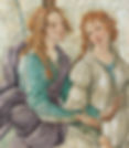 Image of Detail from Venus and the Three Graces Presenting Gifts to a Young Woman, Fresco; detached and mounted on canvas, Dimensions 211 cm × 283 cm (83 in × 111 in), c. 1483-1486. Two figures with reddish hair and white and blue and purple garments, arms intertwined.