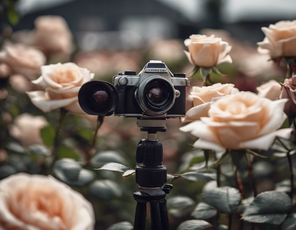 Camera framed by pink roses