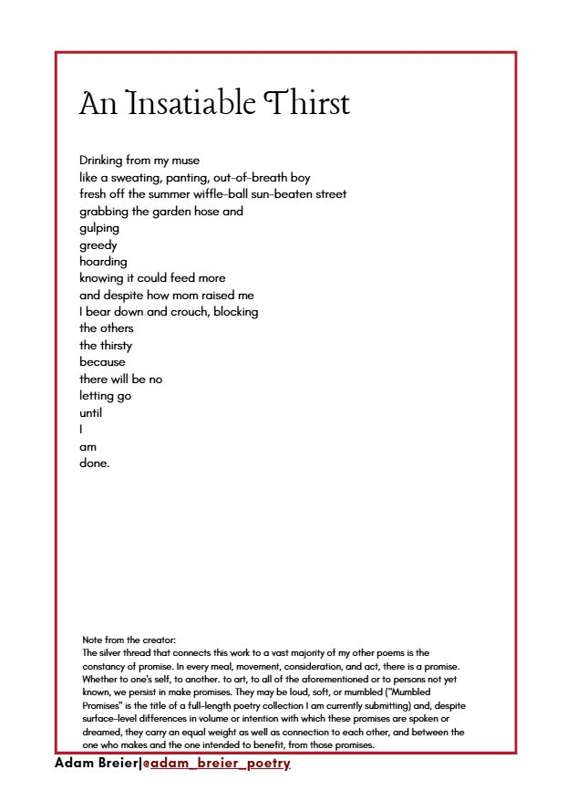 Poem page titled An Insatiable Thirst with verse, creator note, and Adam Breier @adam_breier_poetry in a red-bordered white layout.