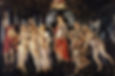 Image of La Primavera, Sandro Botticelli, in the Uffizi Gallery, Florence, c. 1477–82. Several figures in tans and reds in a dark forest.
